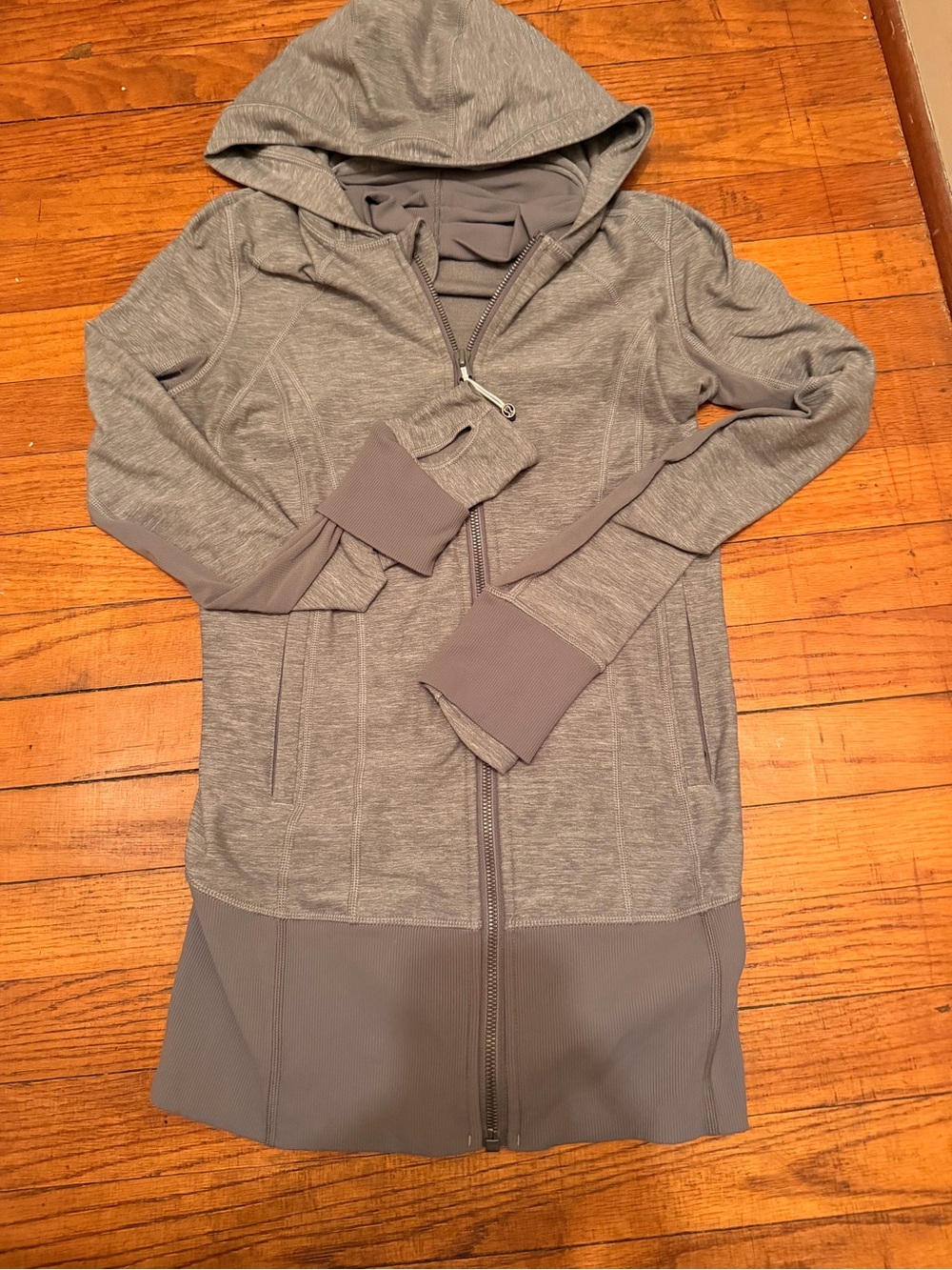 lululemon athletica Gray Hooded Zip Jacket with Thumbholes, long define jacket.